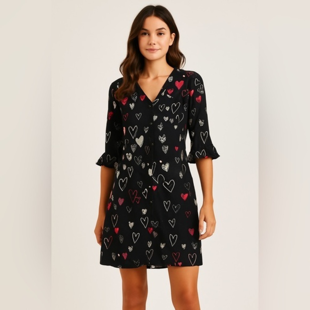 Zara Womenās Black Heart Print Button Down Dress Size S